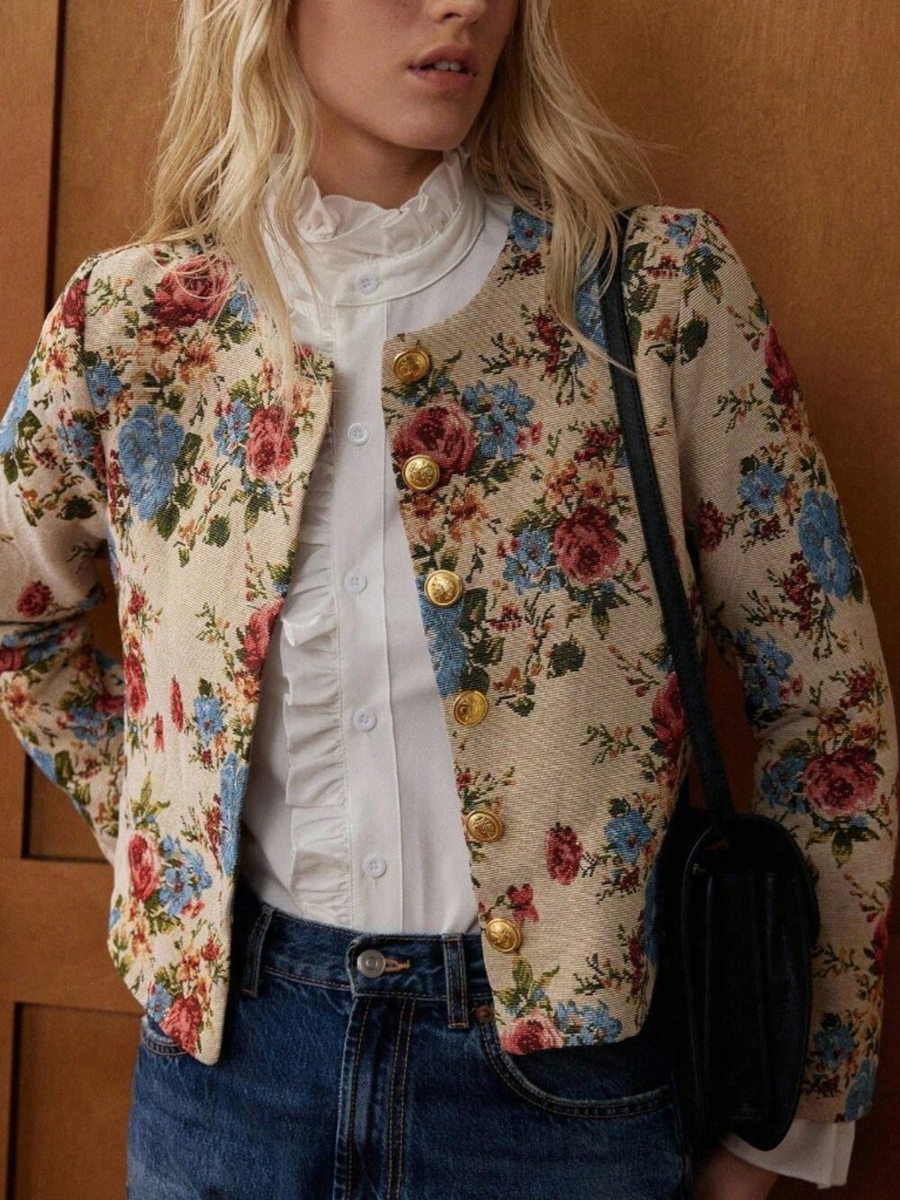 Multicolor Casual Women's Rose Jacquard Short Jacket Coat